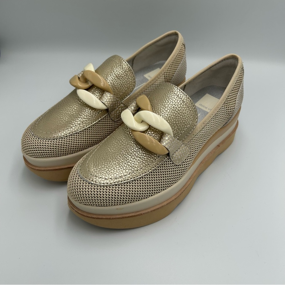 Dolce Vita Gold Metallic Platform Loafers with Cream & Tan Chain Accent